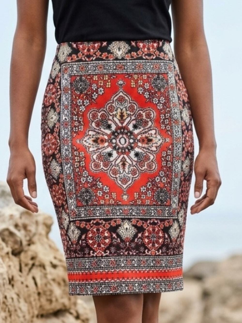 Carmen Marc Valvo Floral Boho Smooth Scuba Knit Stretch Midi Skirt Women's Small